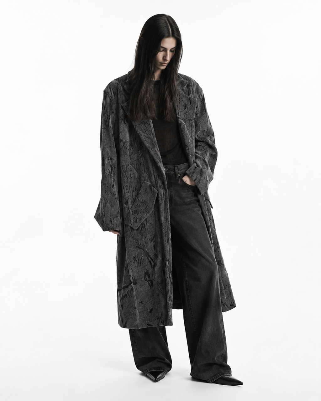 Cappotto velluto over stampato nero