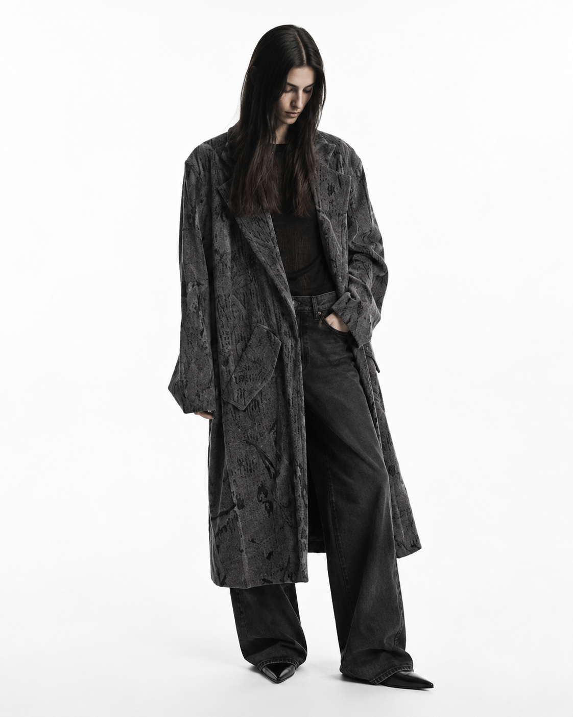Cappotto velluto over stampato nero